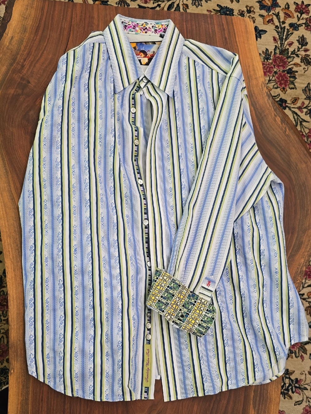 Men's Blue & Green Stripe Button-Up Shirt - Robert Graham